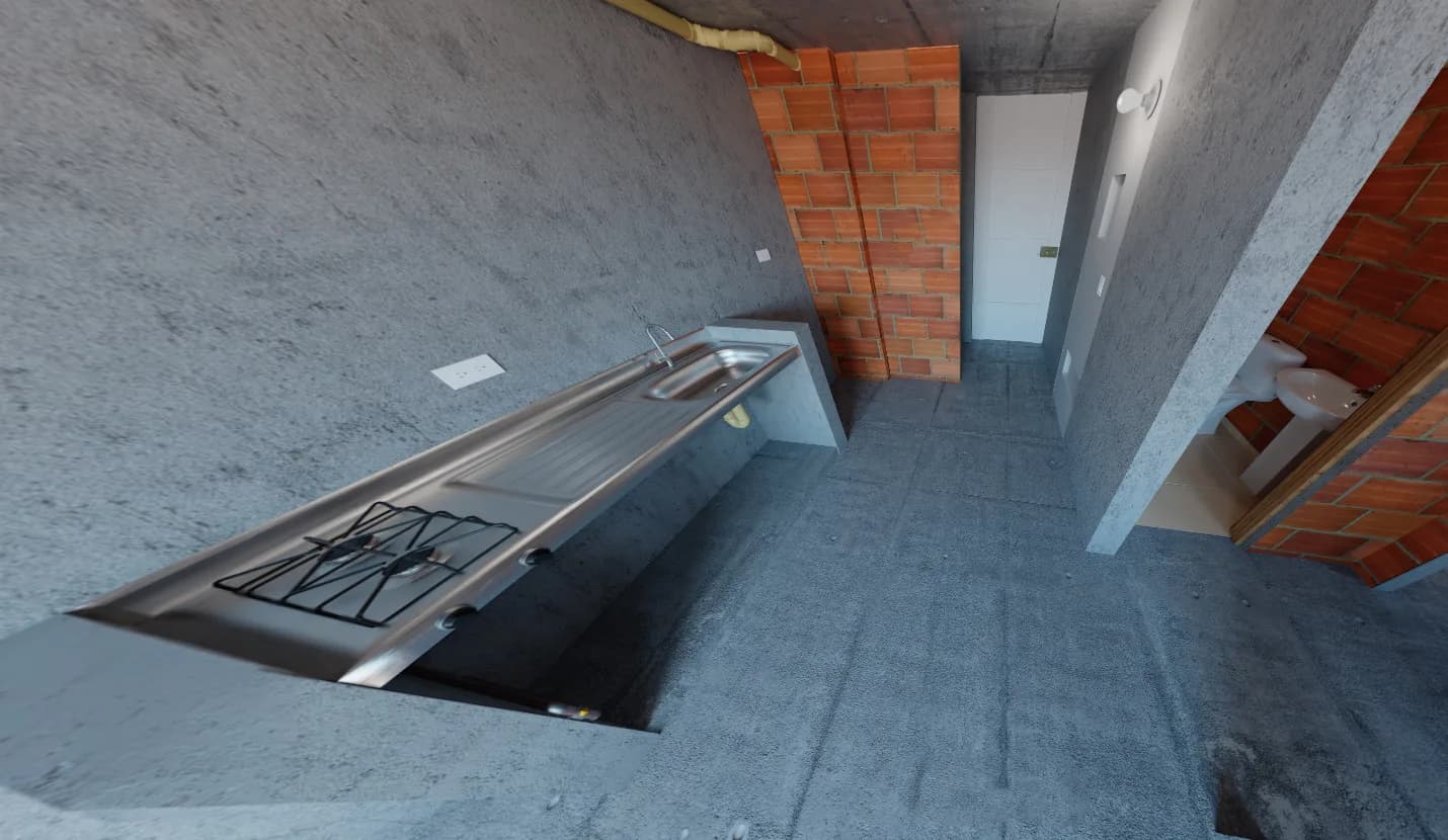Cocina y acceso al baño en obra gris, Torre 1 - 2